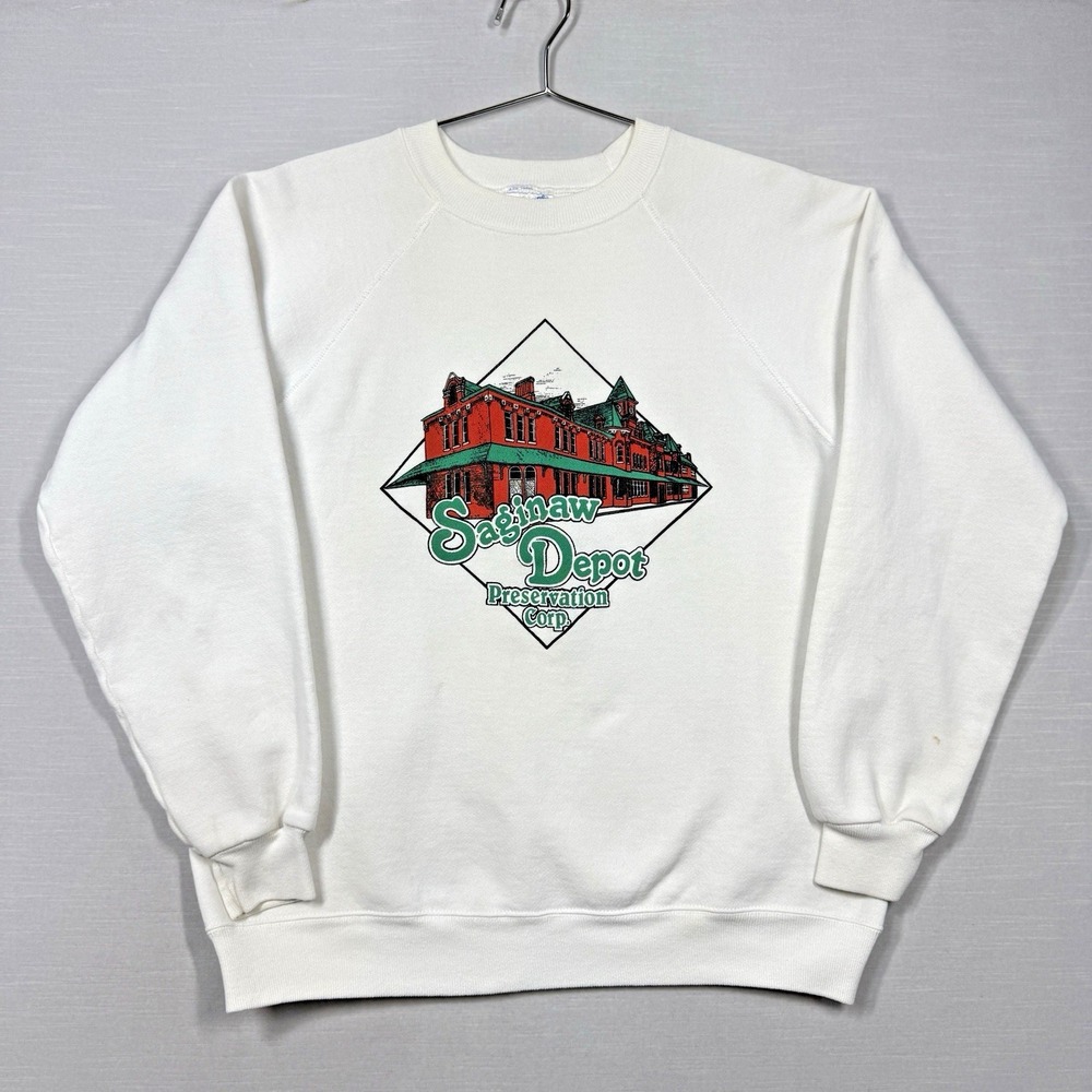Vintage Saginaw Depot Reservation Group Sweatshirt Men L White Train Station